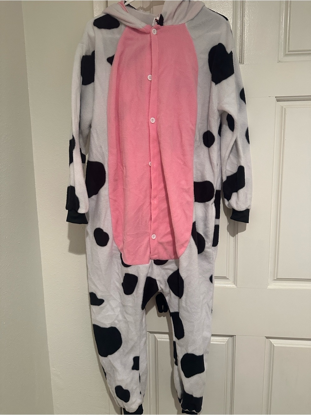Cozy Cow-Print Hooded Pajama Onesie in White, Black & Pink
